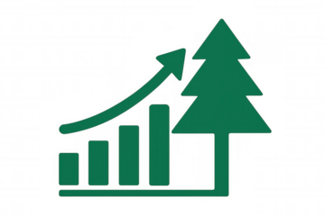 Green bar chart with an upward arrow and growing tree, representing sustainable finance and investment growth