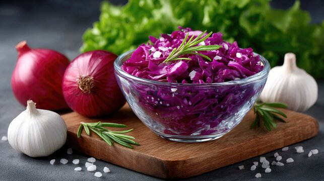 Crystal Bowl of Pickled Red Cabbage with Onion and Rosemary on Wood Cutting Board Still Life