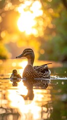 Mother duck and duckling in golden sunlight