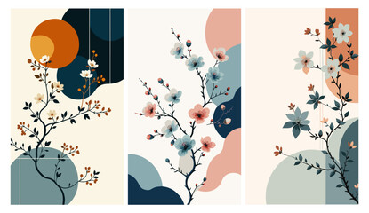 A triptych of minimalist botanical wall art. Features delicate cherry blossoms and abstract shapes in muted teal, orange, and pink. Modern Japanese style for home decor