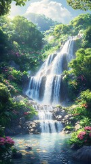 Beautiful tropical waterfall view high resolution picture
