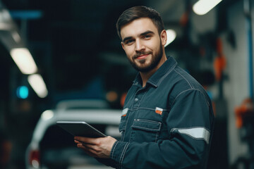 Mechanic with Tablet in Auto Shop
