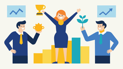 A team celebrating business growth and success with a trophy and plant isolated on white background