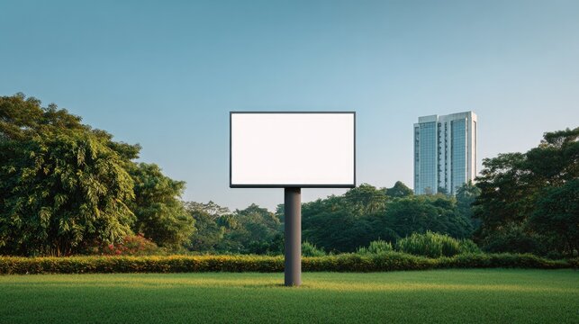 Empty billboard stands in serene park setting, surrounded by lus