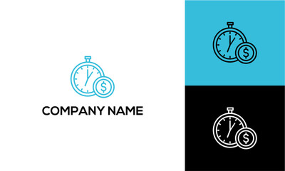 Modern line art logo design of a stopwatch and dollar coin representing time is money concept.
