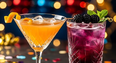 Two Festive Cocktails with Fruit Garnish in Martini and Highball Glasses Decorated with Bokeh Lights and Confetti for Celebration and Party