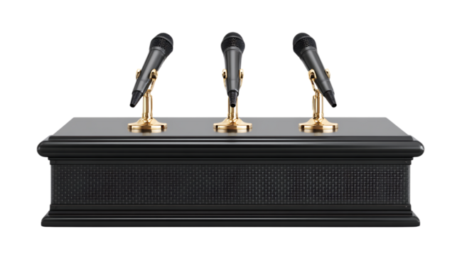 Three microphones on a podium isolated on transparent background