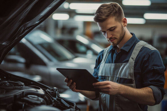 Mechanic Inspecting Car with Tablet