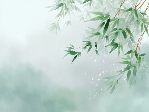 Composici&oacute;n art&iacute;stica de hojas de bamb&uacute; con gotas de agua suspendidas, sobre fondo brumoso en tonos verdes y grises. Imagen que evoca tranquilidad, frescura y conexi&oacute;n con la naturaleza.