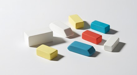 Obraz premium Colorful geometric erasers arranged on a white background 