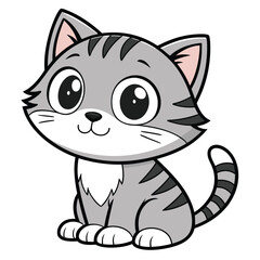 Adorable Gray Striped Kitten Cartoon Illustration with Big Eyes and Playful Expression, Ready for a Childrens Book or Animated Project