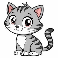Adorable Cartoon Gray Tabby Cat with Big Eyes Sitting and Smiling, a Friendly Feline Illustration