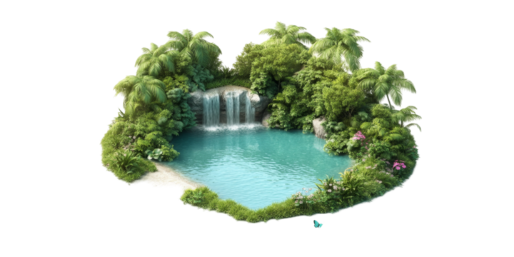Serene tropical oasis with waterfall and lush green foliage