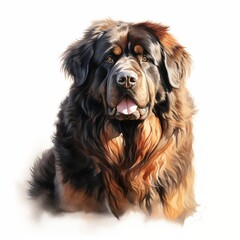 A Tibetan Mastiff dog breed portrait, painted in a realistic style, shows the animal's thick, dark brown and black fur and intense gaze.