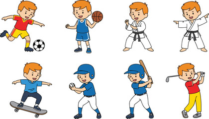 Cartoon boy playing various sports activities, soccer, basketball, karate, skateboarding, baseball, golf, fun sports vector illustration for kids design