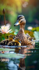Mother duck with ducklings on water lilies