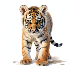 Obraz premium The illustration shows a young tiger cub with orange and black stripes, standing on all fours against a bright white background.