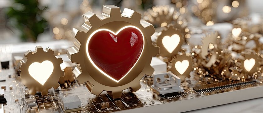 Close-up of gears and digital marketing icons on a circuit board, showcasing glowing connections against a dark background