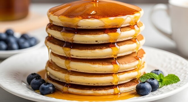 Stack of pancakes with maple syrup and blueberries for a delicious breakfast treat