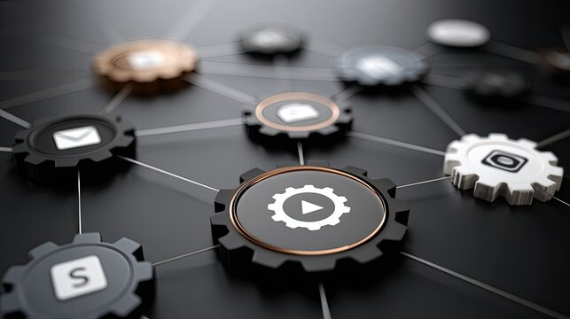 Close-up of gears and digital marketing icons on a circuit board, showcasing glowing connections against a dark background
