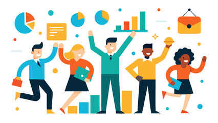 Fototapeta premium Diverse team celebrating business success with charts and graphs isolated on white background, symbolizing growth and achievement