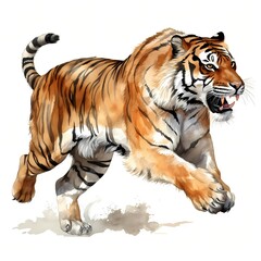 Obraz premium The image shows a tiger mid-stride, its mouth open in a snarl, rendered in watercolor style against a white background.