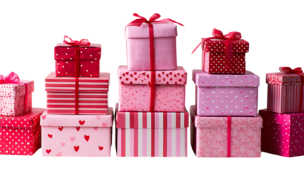 Stack of pink and red gift boxes with ribbons isolated on transparent background