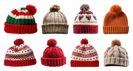 PNG Colorful knitted winter hats collection, element set on transparent background