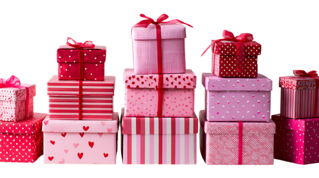Stack of pink and red gift boxes with ribbons isolated on transparent background
