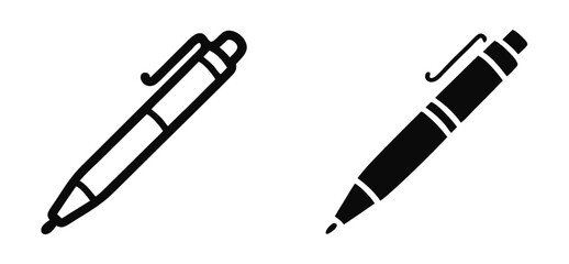 Vector art of two pen icons isolated on white background, one outlined and one solid black, showcasing different styles for writing, drawing, or office use in a minimalist and modern design