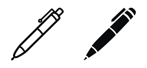 Vector art of two pen icons isolated on white background, one outlined and one solid black, showcasing different styles for writing, drawing, or office use in a minimalist and modern design