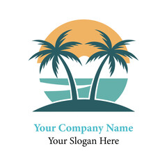 Creative Minimalist Travel Agency logo design, Tropical Island beach with palm trees and ocean 