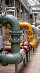 Colorful spheres adorn gas pipe spigots, contrasting against the rough wall and vibrant green foliage in the background