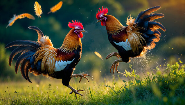 Symbol for quarrellers &ndash; two cocks fighting each other in flight generative AI