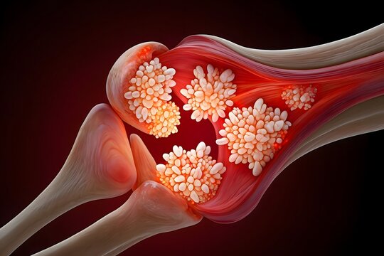 Gout disease illustration showing uric acid crystals in joint with inflammation and pain