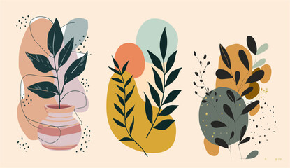A triptych of minimalist botanical wall art. Features abstract leaves and geometric shapes in earth tones and boho colors like orange, beige, and dark teal. Contemporary home decor design