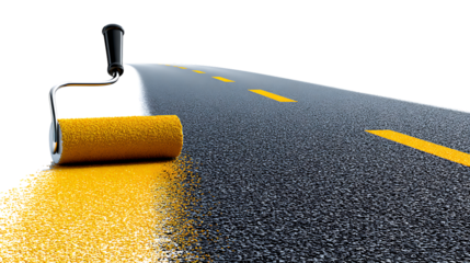 Road painting with yellow line and roller, isolated on transparent background