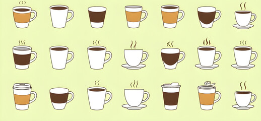 breakfast coffee mug, hot cocoa cup cartoon, coffee shop cups, coffee drink icons, cartoon cup set, coffee mugs vector, simple coffee cup cartoon, steaming hot mug, cafe illustration set, coffee theme