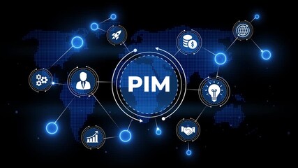 Digital network connecting business icons and world map with PIM text product information management - Powered by Adobe