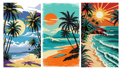 A triptych of vibrant retro beach art. Features palm trees, surfboards, ocean waves, and sunset or sunrise. Vintage travel poster style with a tropical, summer aesthetic