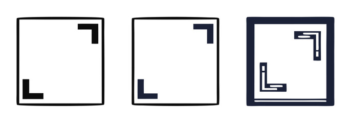 Three minimalist square corner icons in blue, black, and outlined black, perfect for design, UI, or graphic elements symbolizing borders, frames, or selection areas.