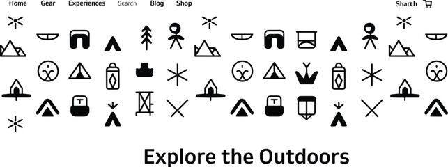 Outdoor adventure webpage header, camping icons design, nature exploration theme, vector art, travel concept, hiking gear, wilderness scene, exploration lifestyle, graphic layout