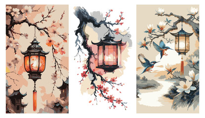 
A triptych of oriental watercolor art. Features traditional Japanese/Chinese lanterns hanging from blossoming branches (cherry blossoms/magnolia) with birds. Asian vintage style for home decor