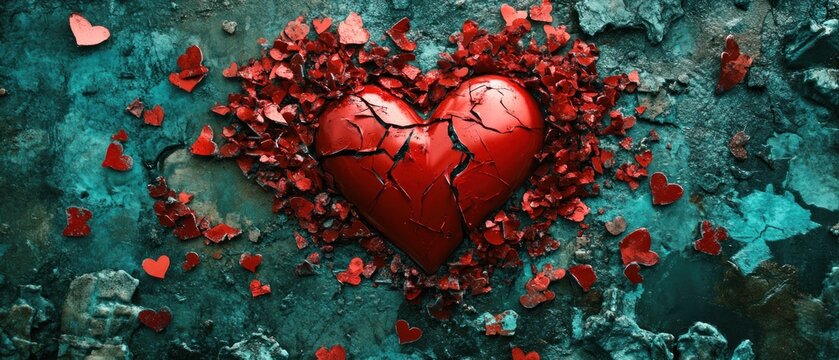 Naklejki Broken heart red fragments teal texture abstract background love loss grief sadness pain