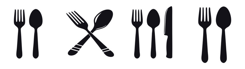 Vector art of a set of cutlery icons featuring forks, spoons, and a knife, arranged in various configurations, including crossed and sidebyside arrangements