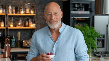 An attractive man in his mid-40s smiles while holding a bowl of Greek yogurt and berries, surrounded by a sunlit kitchen atmosphere