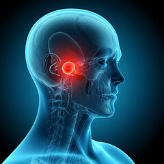 Obraz premium Human Head Anatomy with Ear Inflammation Illustration Highlighting the Area of Discomfort and Inner Ear Infection with Transparent Blue Skeleton