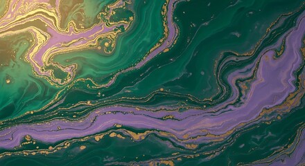 Abstract swirling green and purple fluid art with gold accents