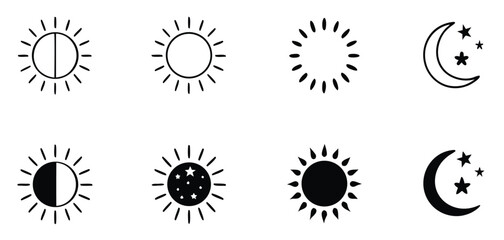 Vector art of day and night mode icons, featuring sun, moon, and stars, representing light and dark themes for user interface design and customization 
