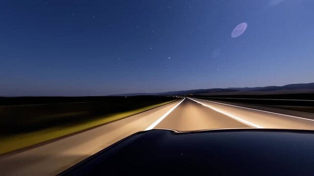 Night highway drive with stars